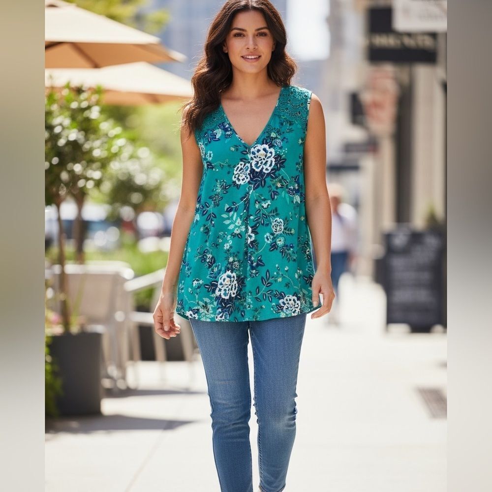 NWT Daniel Rainn Plus Size Green Floral Crochet Accent Tank Top Blouse Size 3XL